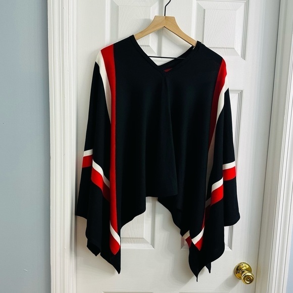 St. John Cape Poncho Sweater Wool Knit Minimalist Designer Black Striped Small - Picture 4 of 9